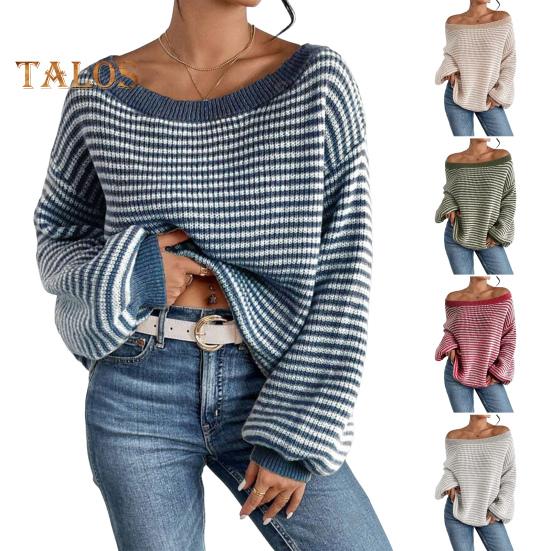 Women Sweater Off Shoulder Oversized Long Sleeve Knit Pullover Top Loose Fit Striped Print Soft Stretchy Knitting Tops