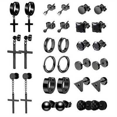 15 Paar/Set Herren-Ohrringe, modische schwarze Ohrstecker, Edelstahl, schwarze Ohrringe, durchbohrte Creolen, Schmuck für Männer und Frauen