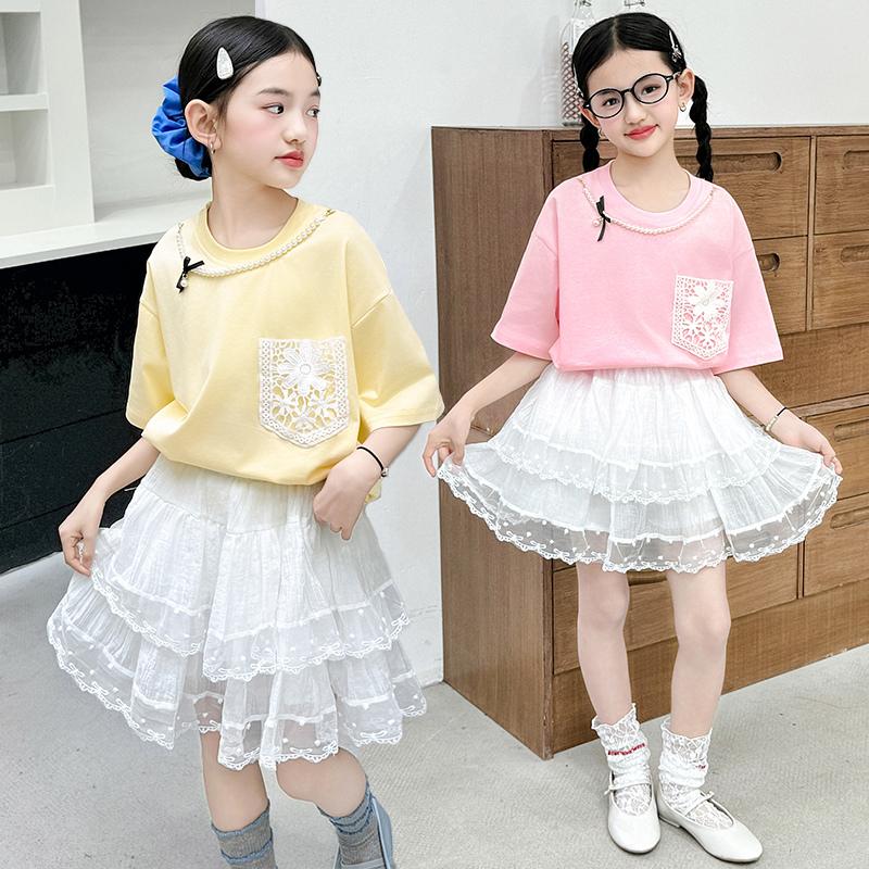 Girls' summer skirt set, new children's clothing, medium and large children's beautiful and good-looking T-shirt skirt two-piece set