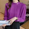 Mode Langarm Weiß Blau Perlen Chiffon Bluse Shirt Frauen Tops J226