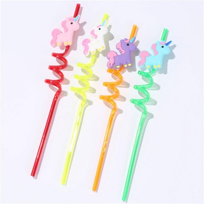 Pack of 4 Reusable Unicorns Straws Animal Theme Plastic Drinking Straw for Kid Baby Shower Birthday Party Supplies Gift