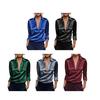 Women Shirt Lapel V-Neck Long Sleeve Smooth Satin Shirt Tops Pure Color Loose Fit Smooth Satin Office Lady Shirt Daily Wear
