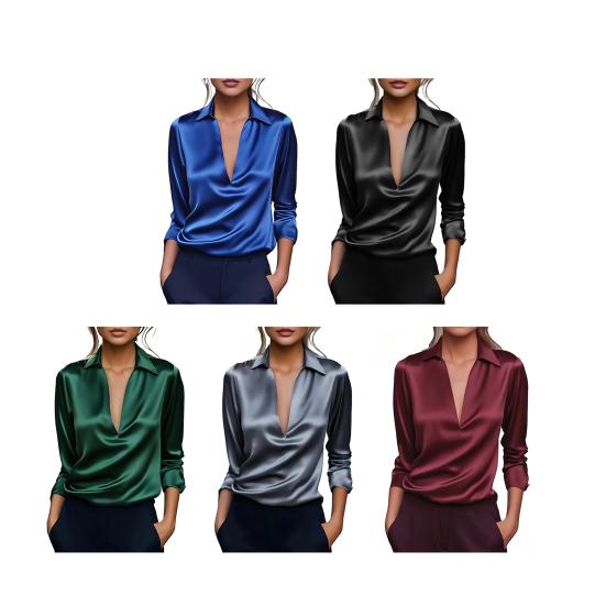 Women Shirt Lapel V-Neck Long Sleeve Smooth Satin Shirt Tops Pure Color Loose Fit Smooth Satin Office Lady Shirt Daily Wear