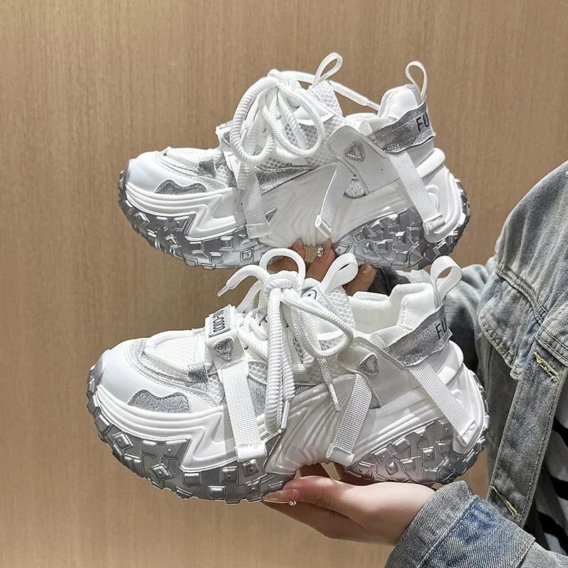 Women's New Spring 2025 Parisian Wheel Tyre Sole Shoes Petite Thick Sole Increased Height Breathable Sports Shoes