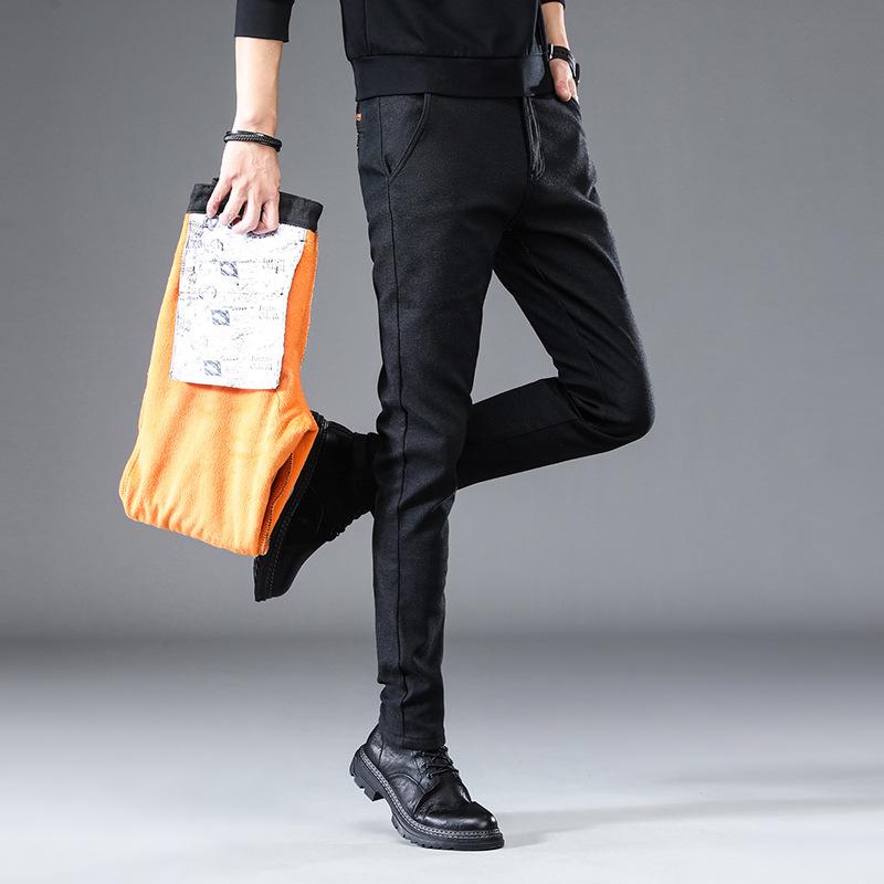 Autumn And Winter Men'S Regular/Plush Thick Cotton Linen Casual Dark Slim Fit Small Foot Elastic Brushed Versatile Long Pants