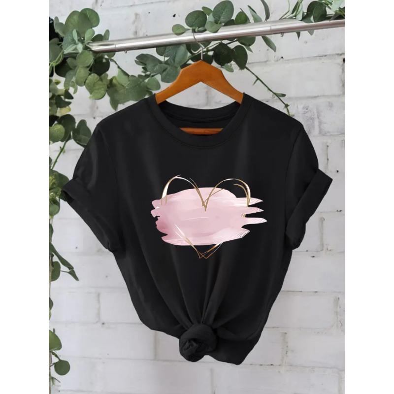 Pure Cotton Pink Heart-shaped Round-neck Loose Short-sleeved Casual Pure Cotton T-shirt