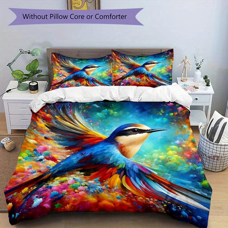 3pcs Colorful Bird Bedding Cover Set, Fashion Classic Popular Print Bedding Set, Soft Comfortable, All Season Use, For Bedroom, Guest Rooma0819183