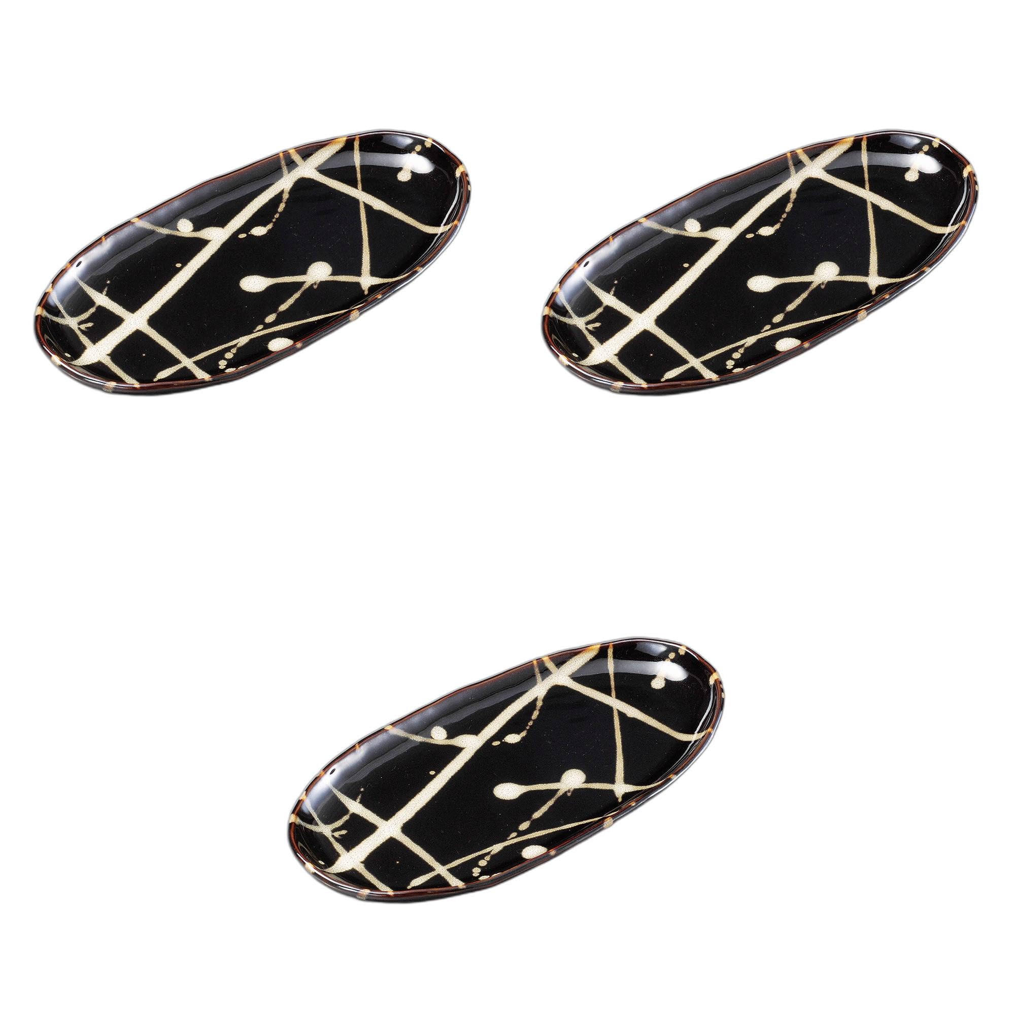 

Set of 3 Tenmoku Scattered Oval Yakitori Plates x 13 x Ceramic Yakitori Plates by Setomonohonpo [25.8 2cm]