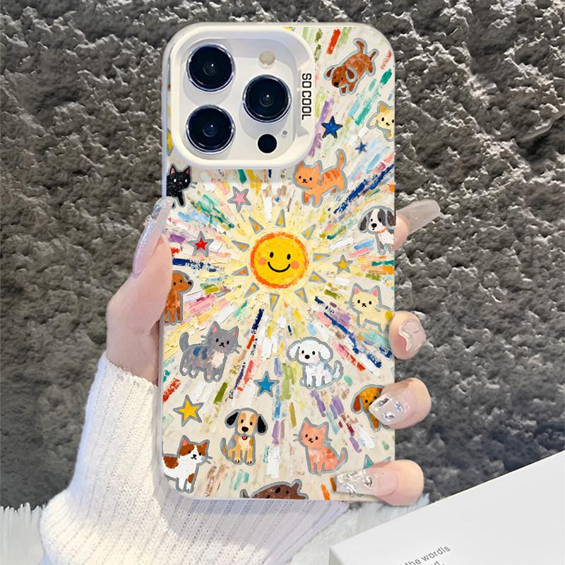 

Cartoon Frosted Silver Phone Case for Apple 14/15/16/17 Pro/Pro Max/Plus, Sun Cat & Dog Design iPhone XS Max