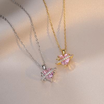 Pink Zircon Heart Planet Pendant Necklace for Women Trendy Hypoallergenic Stainless Steel Chain Jewelry Wedding Engagement Party Accessories
