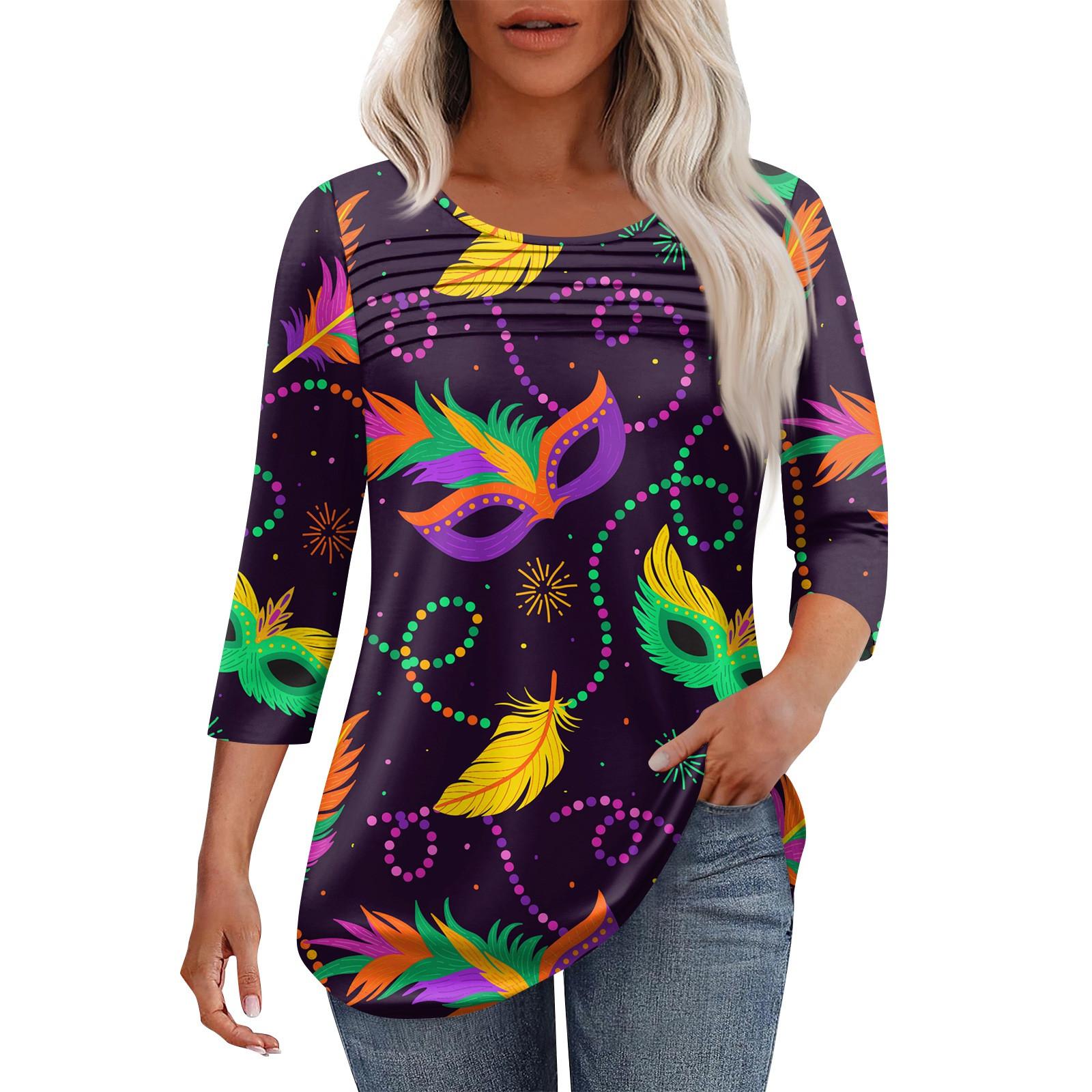 

Женская мода круглый вырез шея плиссированная передняя планка с принтом рукав 3/4 топ L темно-фиолетового