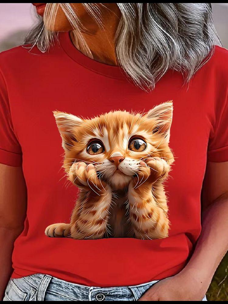 Unisex 100% PolyesterOrange tabby kitten Print Loose round Neck Short Sleeve Fashion for Lovers