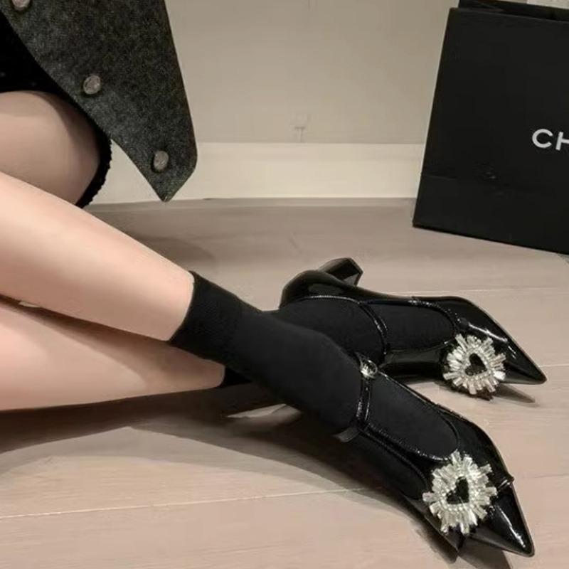 Women's Coarse Heel Shoes Spring New Pointed Head Shallow Mouth Diamond-like Buckle Non-slip Wear-resistant High Heels