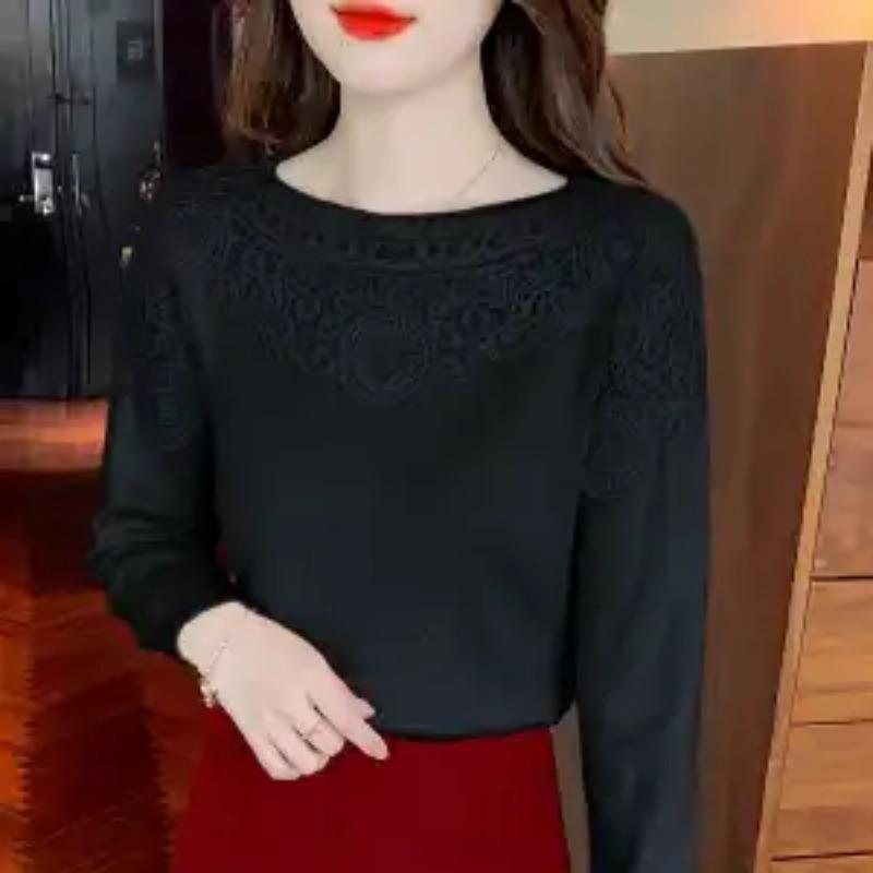 Neuer französischer zarter Spitzpullover Mode Splicing Unterhemd Damenmode Langarm-Oberteil