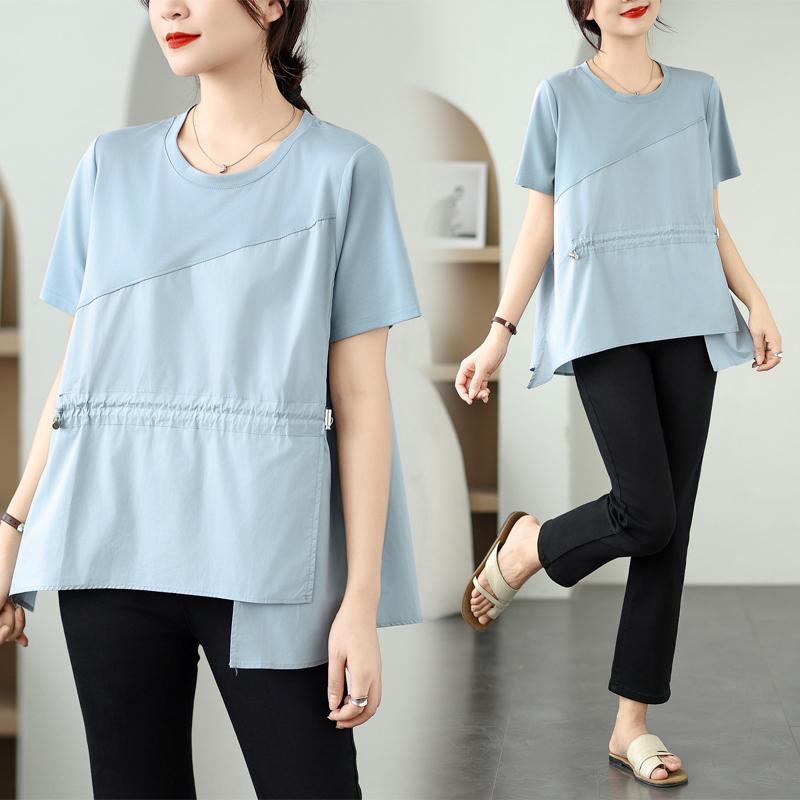 

DIMANAF 2025 Summer Plus Size T-Shirt Vintage Women Short Sleeve Asymmetrical Solid Short Loose Tops Tees One Size білий