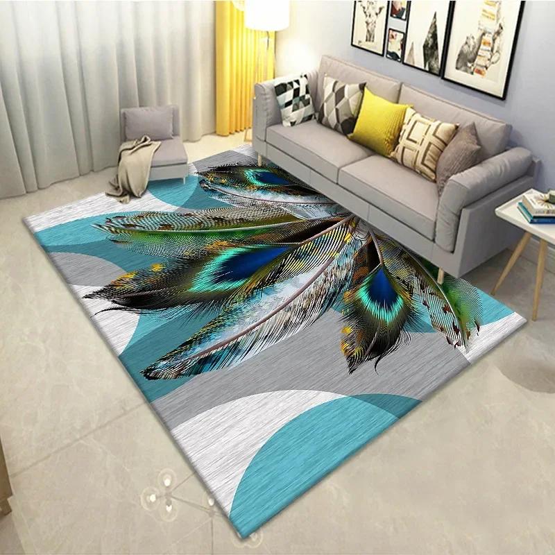Feather Print Crystal Velvet Home Carpets for Living Room Decor Quality Wrapping Edge Rugs for Bedroom Dirt Tolerance Floor Mat