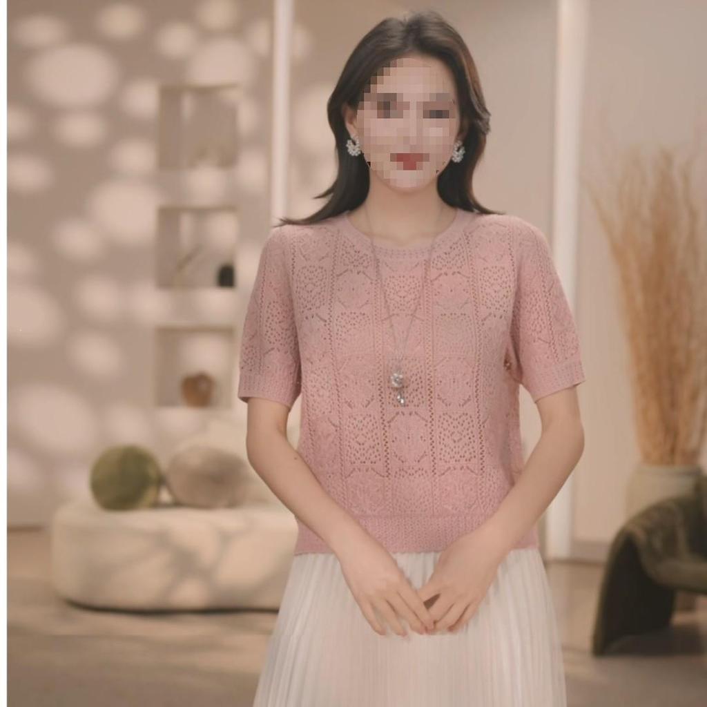 Summer 2026 Elegant Women's Mulberry Silk Tencel Knit Hollow Round Neck Pullover Top