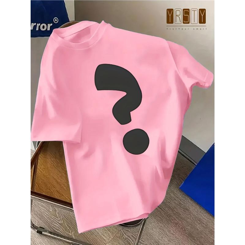 European sizes '  Black Question Mark Print - Short Sleeve Round Neck Casual Summer Top for &, Breathable White Shirt with Iconic Q Mark Symbol,