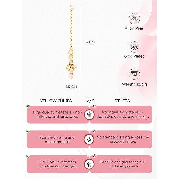 Maangtikka for Women Gold Toned Kundan Studded Floral Designed White Beads Drop Maangtikka for Women and Girls