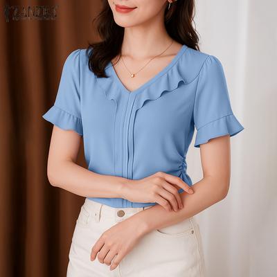 Women Casual Ruffles V-Neck Summer Short Sleeve Blouse