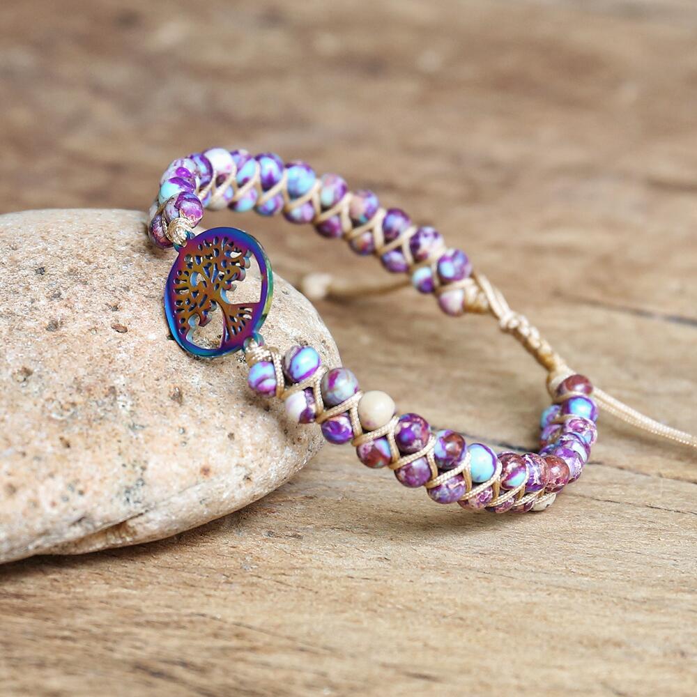 Handmade Natural African Stone Beaded Boho Yoga Wrap Bracelet &Bangle Stainless Steel Tree Of Life Braided Charm Bracelet