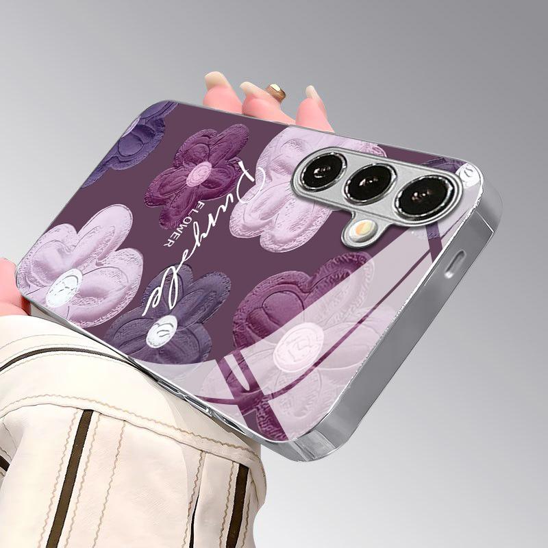 Purple Flower Oil Painting Pattern 2D Phone Case for Samsung S26 S25 S24 S23 S22 S21 S20 A56 A36 A16 - Electroplated Glass