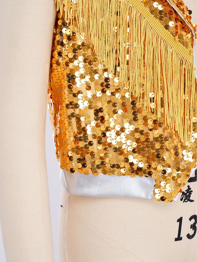 Gilet de Performance Scénique Danse Jazz pour Garçons à Franges Paillettes Scintillantes Revers de Couleur Contrastante Haut Sans Manches