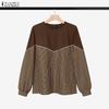 ZANZEA Women Long Sleeve Round Neck Plaid Splicing Casual Basic Pullover Tops Blouse