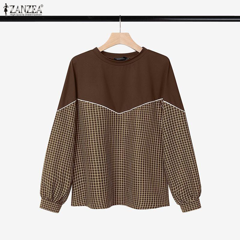 ZANZEA Women Long Sleeve Round Neck Plaid Splicing Casual Basic Pullover Tops Blouse