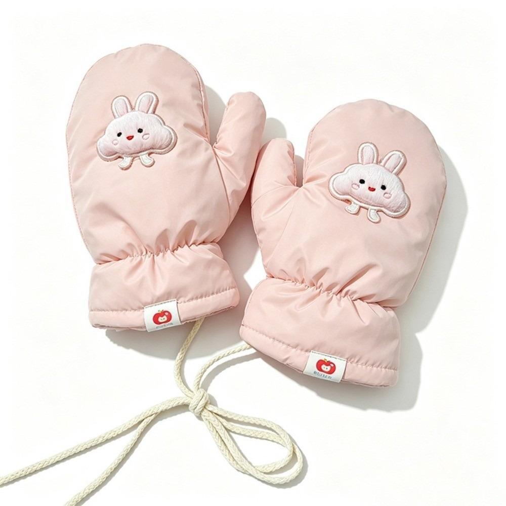 Neck String Pink Bunny Puppy Mittens Fleece Lined Thick Warm Gloves Cold Weather