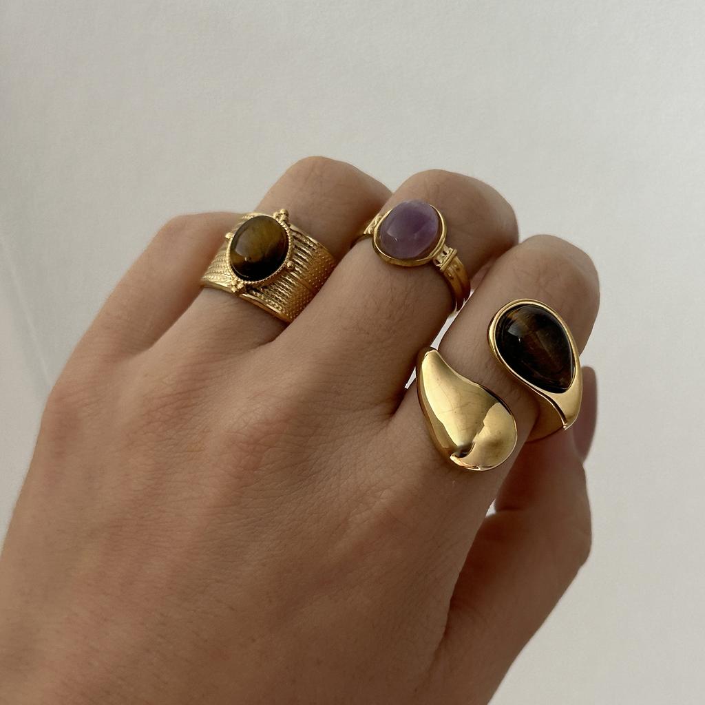 Retro Gold Color Irregular Metal Ring for Women Men Stainless Steel Natural Tiger Eye Opening Ring Aesthetic Dating Jewelry