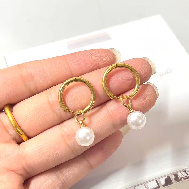 Vintage Pearl Pendant Earrings for Women, 18K Gold-Plated Titanium Steel Studs, High-End Luxury Design