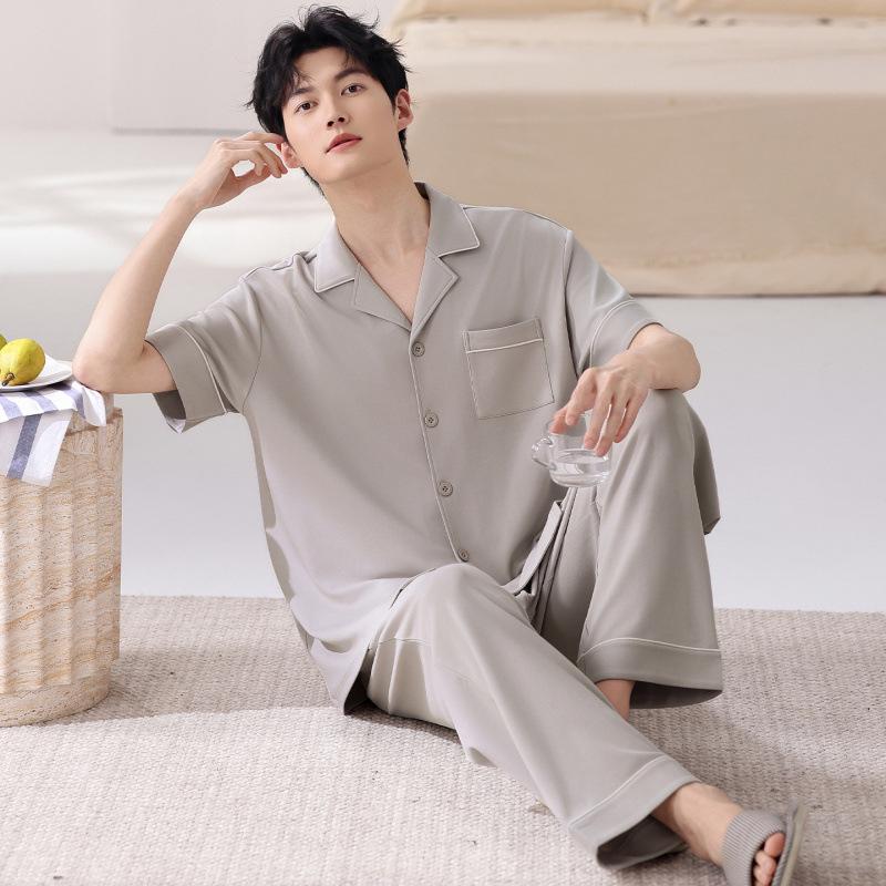 Men's 100% Cotton Summer Pajama Set: Loose Short Sleeve Top & Long Pants for Middle-Aged Dads, Plus Size, High-End Comfort Home Wear