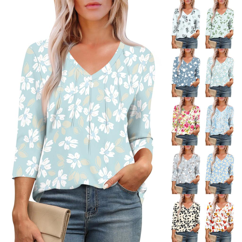 Women's Casual Tops V Neck Pull Stripe Prints Seven Sleeve Tops