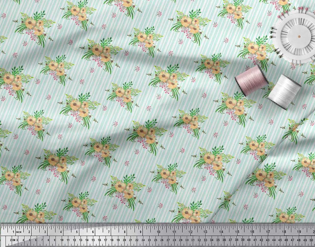 Soimoi Blue Japan Crepe Satin Fabric Stripe & Anemone Floral Fabric Prints By metre 42 Inch