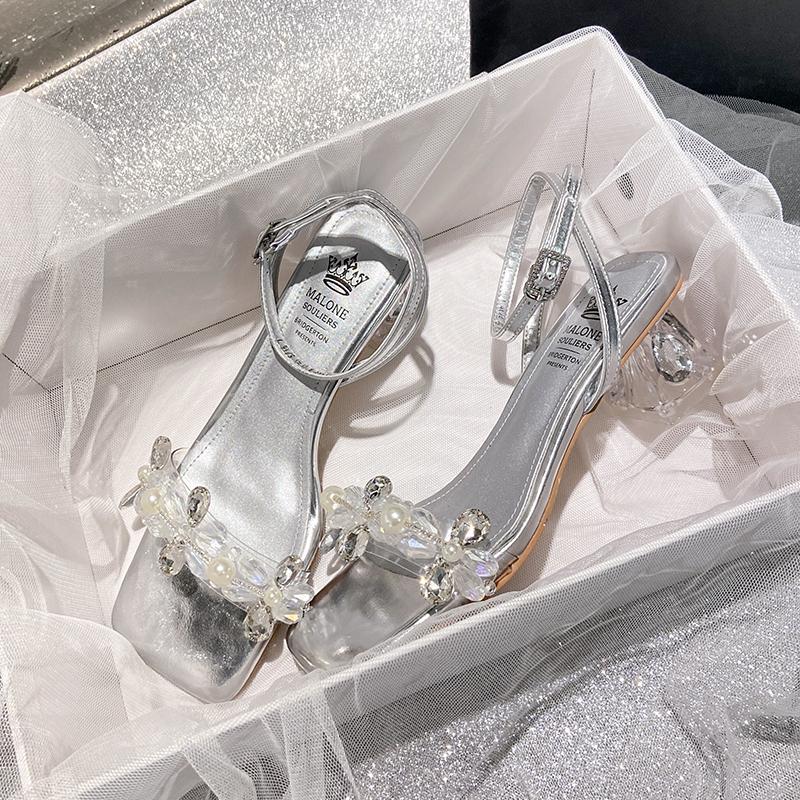 Super Fire Sandals Fashion Rhinester Line with Thick Heel Square Head Crystal Sandals Female Summer