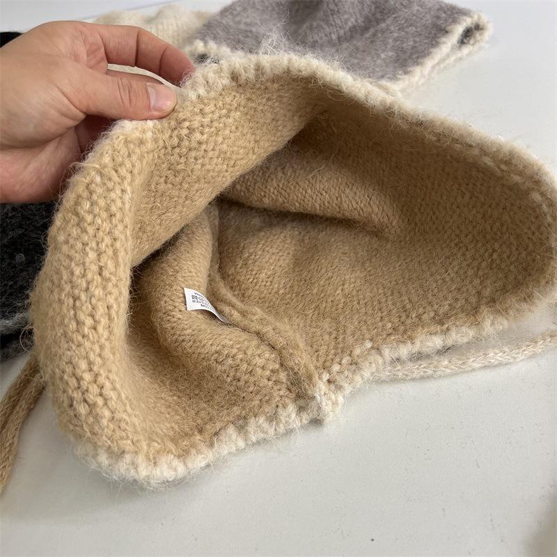 Autumn and Winter Warm Knitted Lei Feng Hat Women's Simple Versatile Splicing Strap Basin Hat Concave Ear Protector