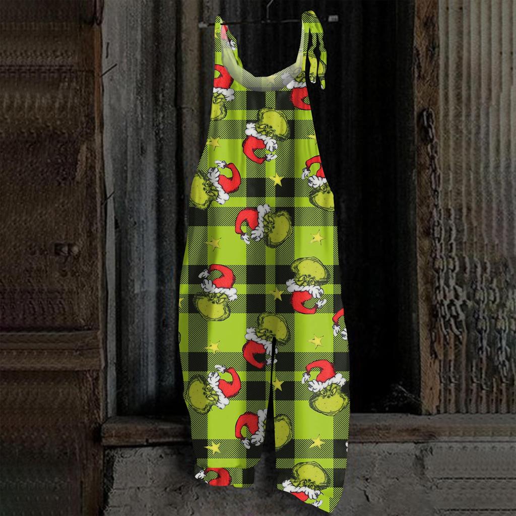 Damski kombinezon z nadrukiem Halloweenowym, casualowy, luźny, vintage, na ramiączkach, bawełniano-lniany