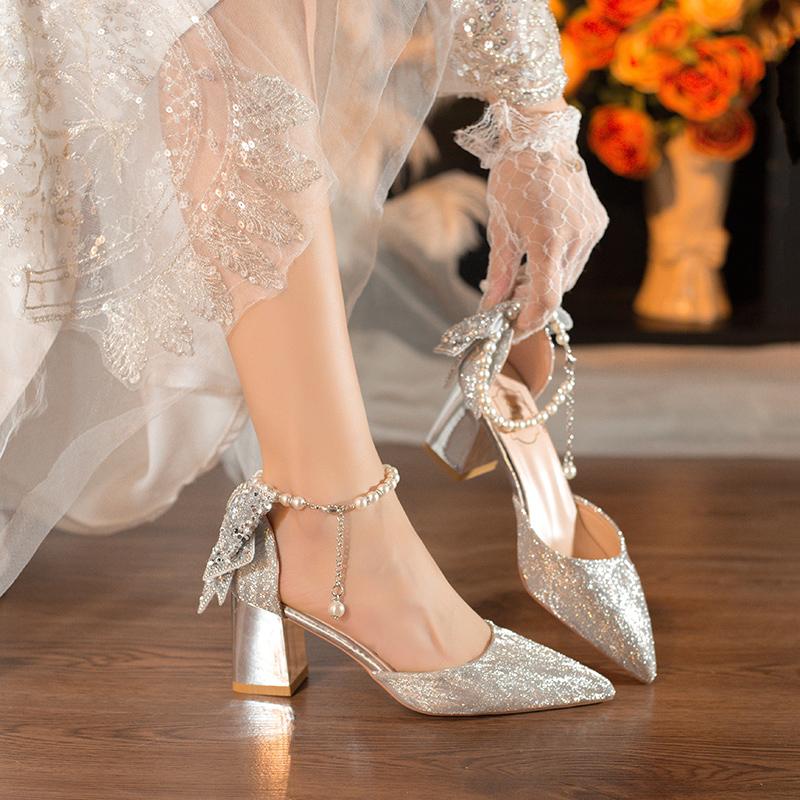 Fashion New Summer Luxury Women Pearl High Heels Chunky Heel Princess Bow High Heel Sandals Party Wedding Shoes Plus Size Zapatos Mujer
