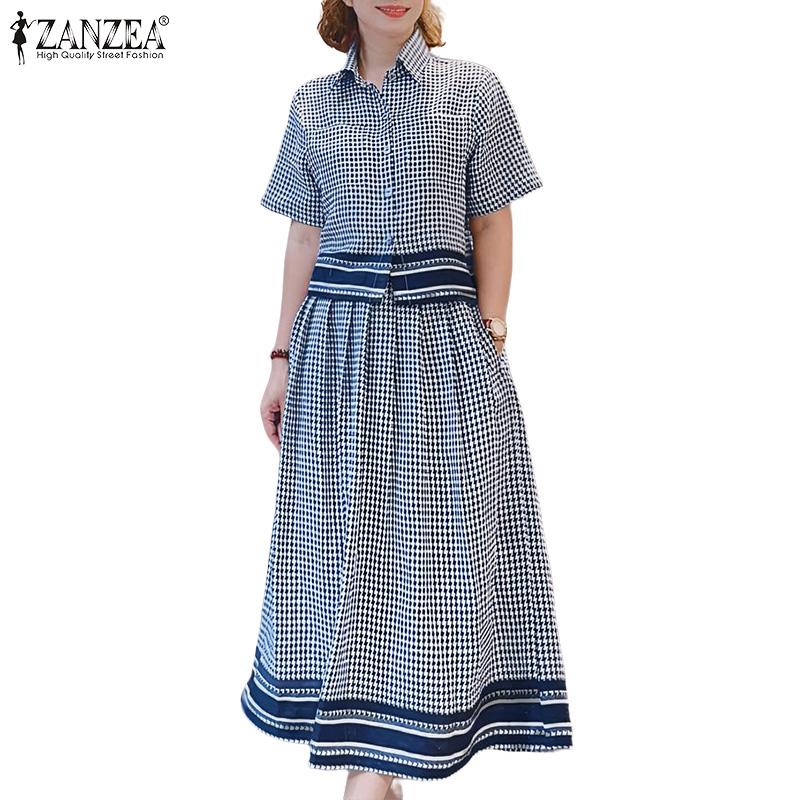 ZANZEA Women Short Sleeve Blouse and Long Skirts Grid Print Two Piece Sets