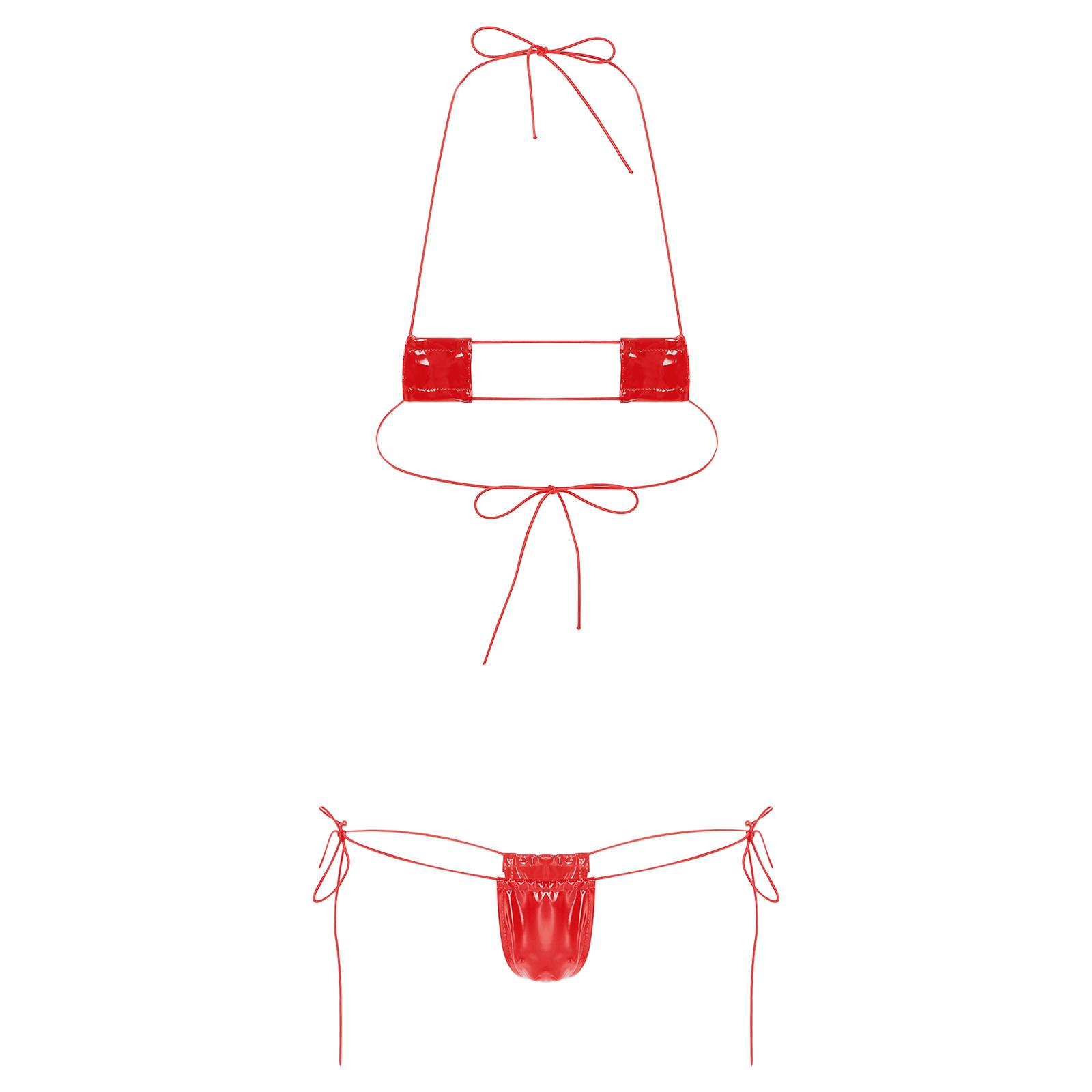 

Женский купальник из 2 предметов, нижнее белье, мини-бикини с эффектом мокрого белья, сексуальный бюстгальтер из лакированной кожи с завязками на шее и низкой талией, стринги One Size