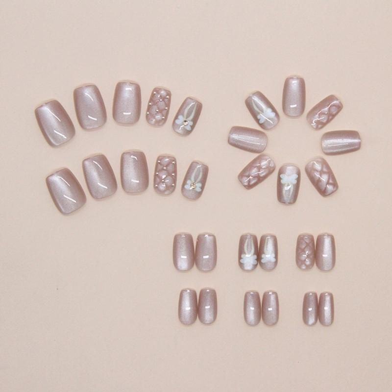 Cats Eye Short Square False Nail Set 24 Pcs Acrylic Press On Nail with Bows Easy Application For Commuting And Event