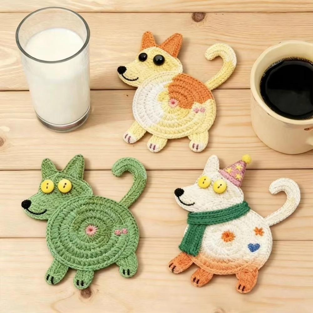 6Pcs Cartoon Puppy Drink Mats Knitted Patterns Cup Mats Cute Coaster Set