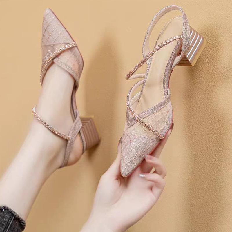 One word with sandals women's thick heel 2025 summer mesh rhinestone low heel French pointed shoes versatile fairy style explosion