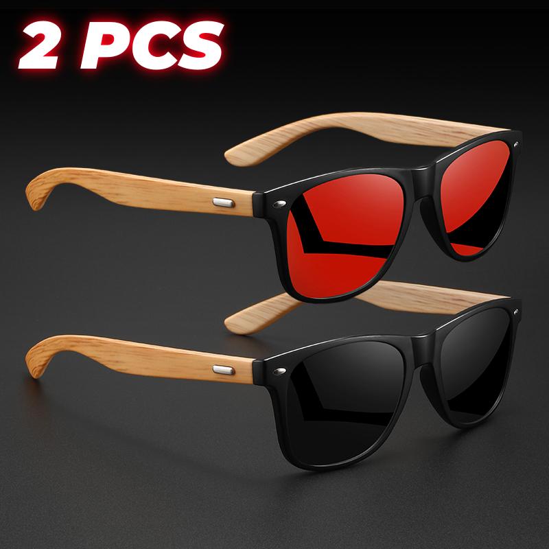 2PCS Retro Square Sunglasses Bamboo-Like Temple Silver Rivet Accents UV400 Unisex Gift for Outdoor & Daily Vintage Elegance