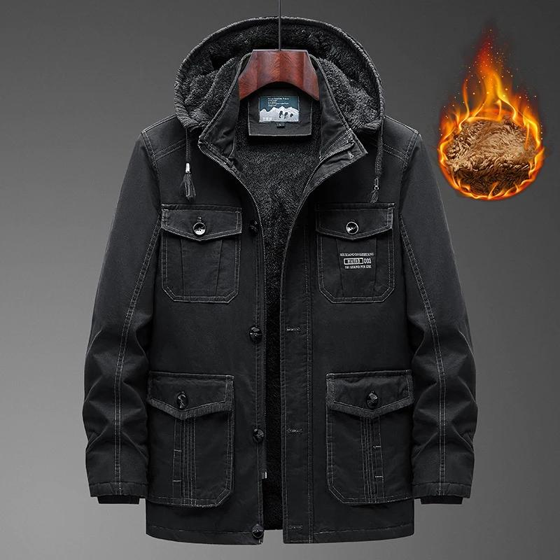 Men Winter Thick Warm Parka Coat Fleece Inside Linning Outdoor Parka Coat Hooded Windbreaker Military Thick Warm Outerwear