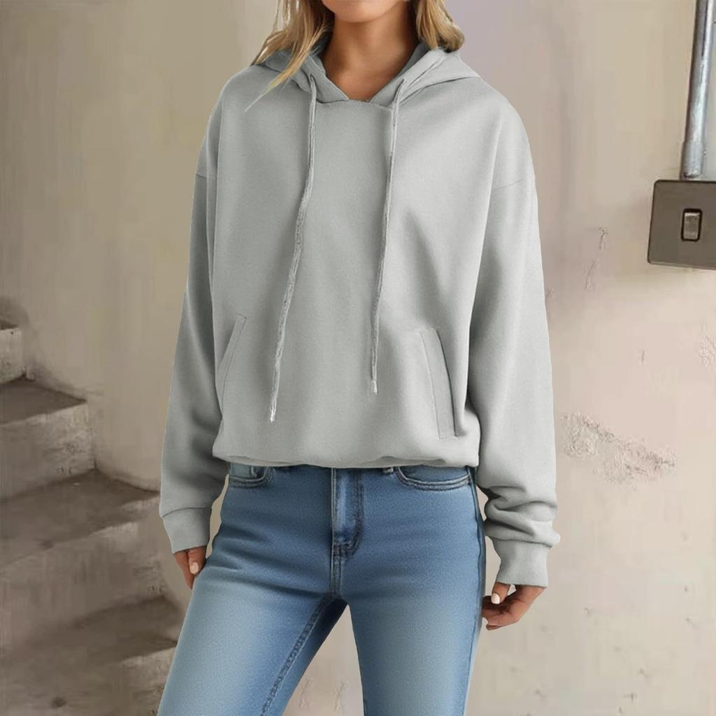 Women's Loose Long Sleeved Pullover With Drawstring And Pocket Hooded Solid Color Hoodie