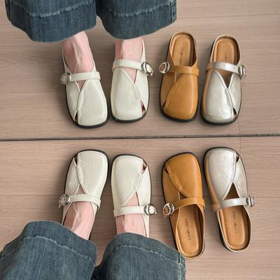 French Bag Head Half Slippers Women's Outer Wear 2025 Summer New Flat-bottomed Cool Slippers Lazy One Pedal Mueller Shoes