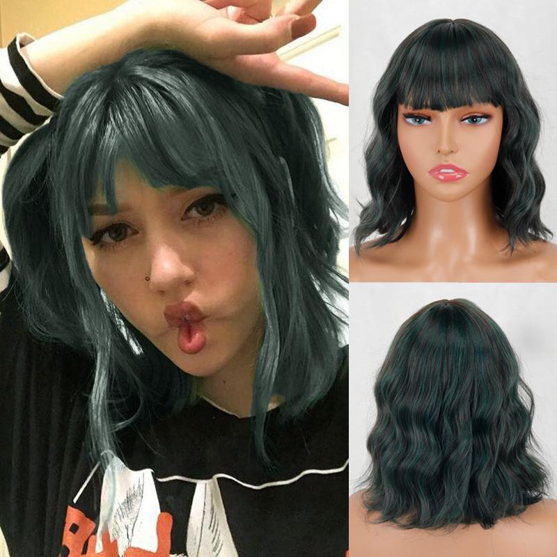MERISIHAIR Women Short Bob Natural Wavy Pink Wig with Bangs Synthetic Fiber Short Water Wave Wig Daily Wear Cosplay