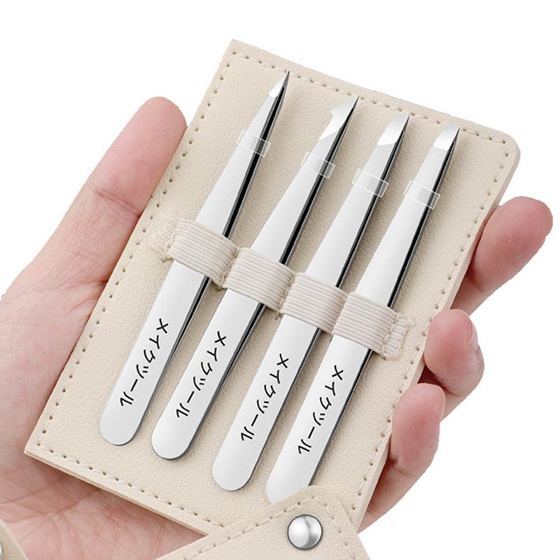 4Pcs Professional Eyebrow Tweezer Set Non-slip Grip Stainless Steel for Ingrown Hair Removal Women Daily Makeup Grooming
